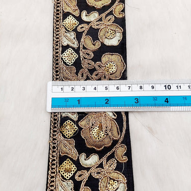 Silk Trim Gold Floral Embroidered Sequins Trim, Decorative Trim, Indian Sari Border